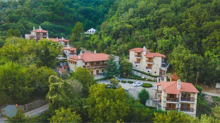 Aerial view of the Abeliona Retreat surrounded by the chestnut forest